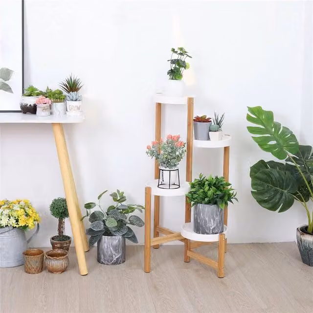 Kelvenix 4 Tier Brown Wood and Bamboo Plant Pot Stand for Indoor and Outdoor Use