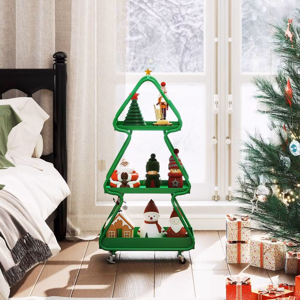 Costway 3-Tier Rolling Christmas Tree Storage Cart with Topper Star in Green – 4