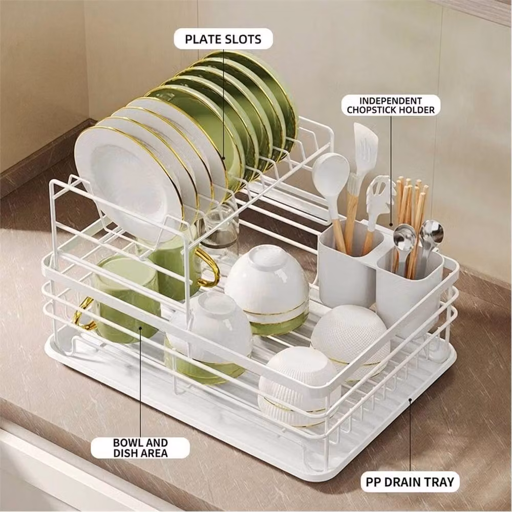 SPETLEK 2 Tier Kitchen Sink Dish Drainer Rack with Drip Tray and Cutlery Holder in White – 3