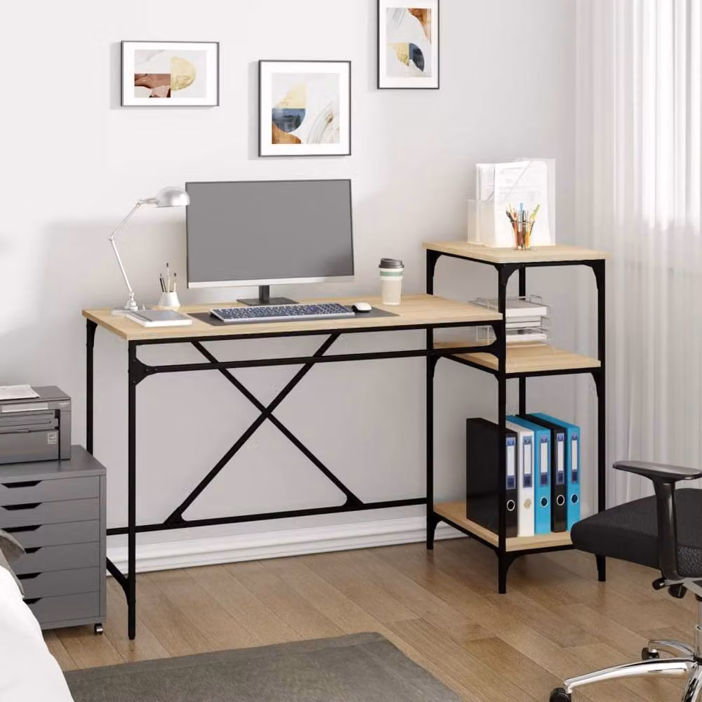 Berkfield Home Computer Desk with Shelves in Sonoma Oak, W/D/H: 135 x 50 x 90 cm – 2