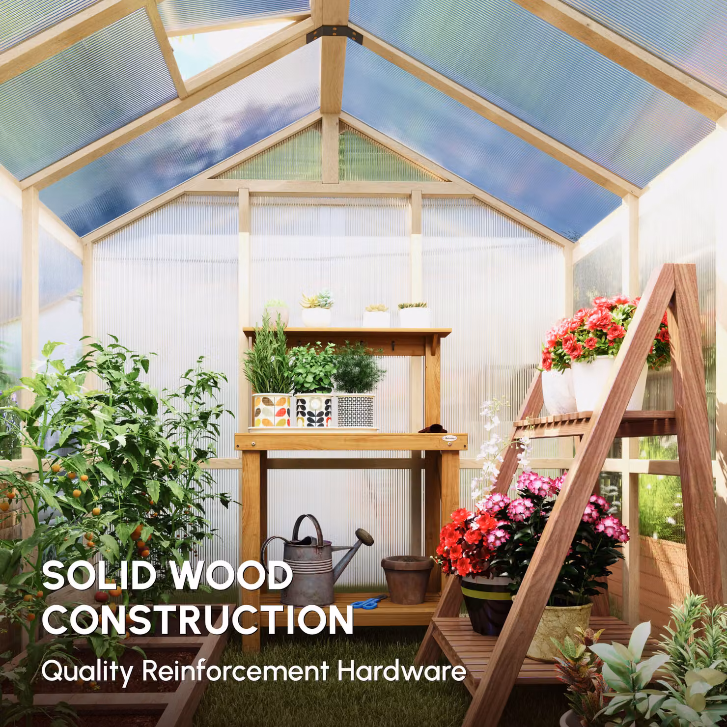 Outsunny Brown Wooden Walk-in Polycarbonate Greenhouse with Lockable Door and Window – 4