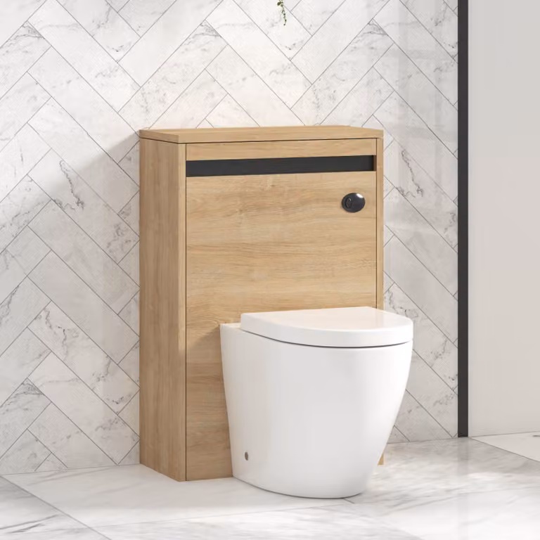 Royal Bathrooms Orion Natural Oak Wall Mounted WC Unit with Elva Rimless Ceramic Toilet Pan, Soft Close Seat and Cistern, Black Accent Trim, Width: 54 cm