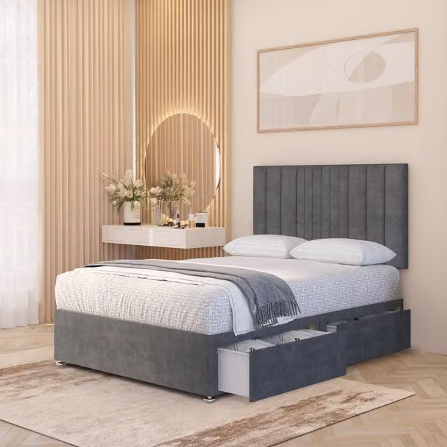 Somnior Beds Ltd Arizona Plush Velvet Orthopaedic Divan Bed Set with Hybrid Mattress and 32 inch Headboard in Silver Grey, Small Single