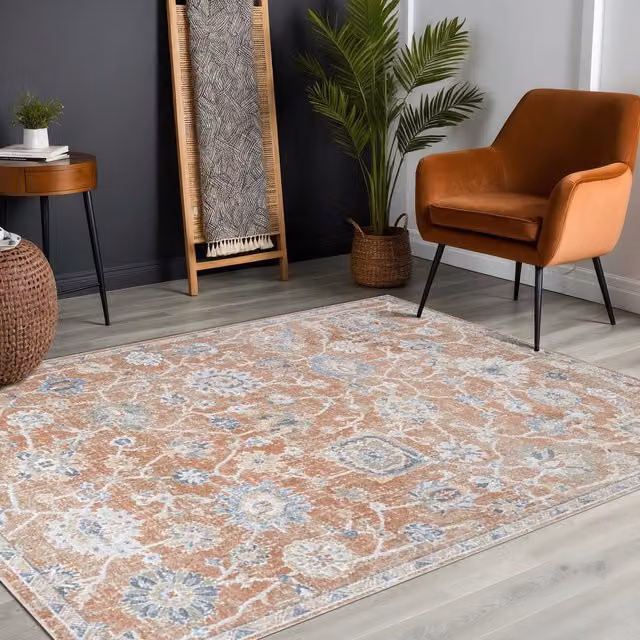Livabliss Lilian Washable Vintage Boho Traditional Living and Dining Room Rug in Brown, Blue and Burnt Orange, W: 200 cm, D: 275 cm