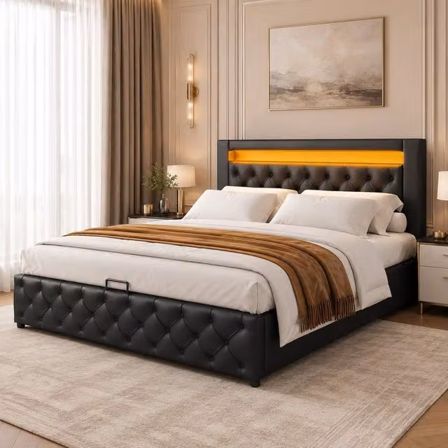 STILVORA Modern Upholstered Double Bed in Black Synthetic Leather with Storage and LED Under-bed Lighting, W/D/H: 135 x 190 cm – 1