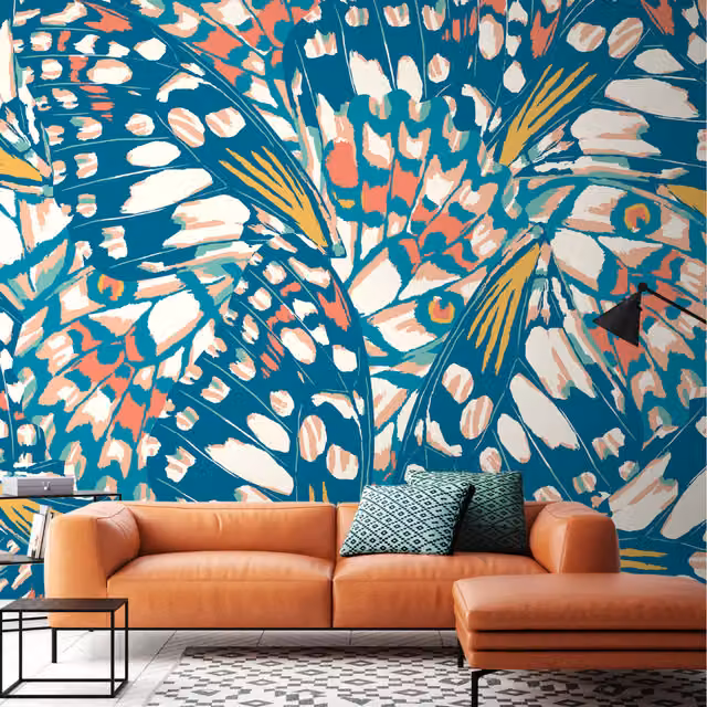 Origin Murals Butterfly Wings Abstract Wall Mural in Teal Blue and Orange