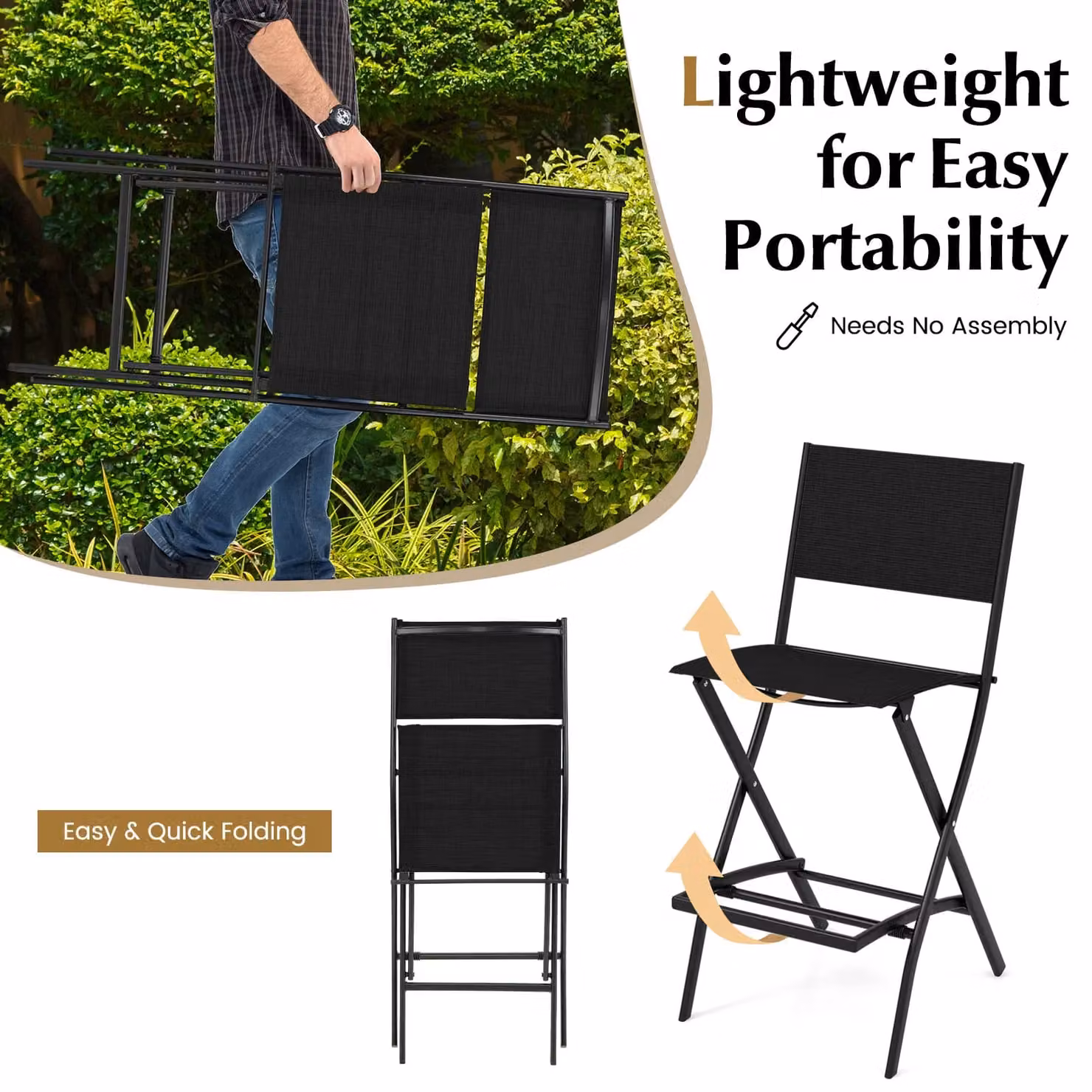 Costway Set of 4 Folding Outdoor Bar Height Stools with Footrest in Black – 3