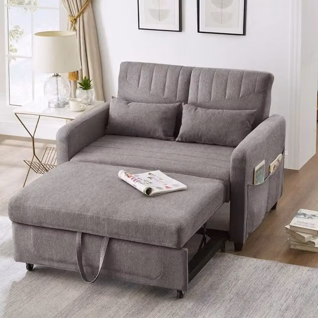 Merax 2-Seater Pull-Out Sofa Bed in Grey with Fabric Upholstery and Foam Padding, W: 112 cm, H: 59 cm, D: 59 cm