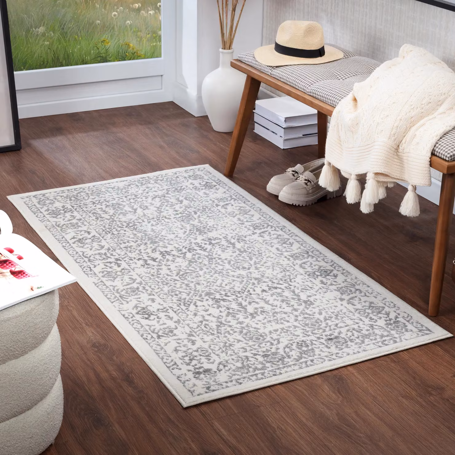 Livabliss Roma Vintage Round Boho Rug in Off-White, Grey and Charcoal, Diameter: 160 cm – 4