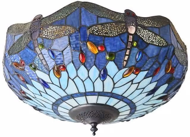 Loops Tiffany Glass Semi Flush Ceiling Light with Blue Dragonfly Inverted Shade in Multicolour and Bronze