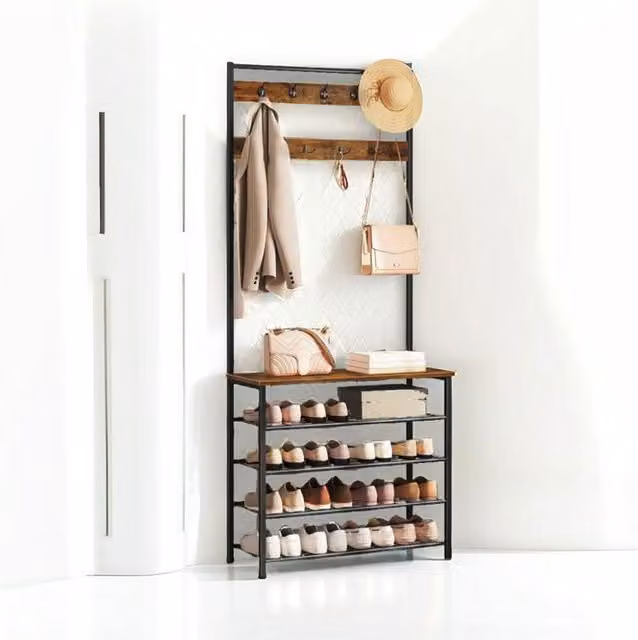 Modcraft Industrial Hall Tree with Bench and Shoe Storage in Brown