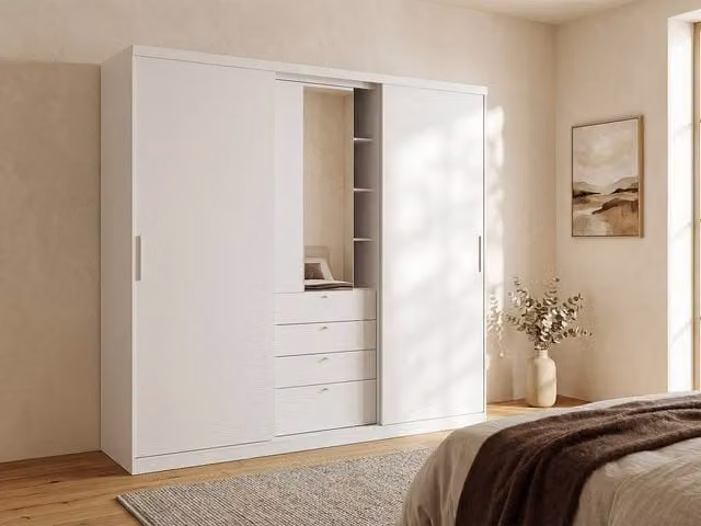 Vente-unique Modern White Lacquered 2 Sliding Door Wardrobe with Mirror, Drawers and LED Lighting, W: 240 cm, H: 231 cm, D: 53 cm