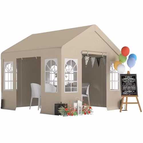 Outsunny Heavy Duty Garden Gazebo with Sides and Windows, Beige, W/D/H: 300 x 300 x 278 cm