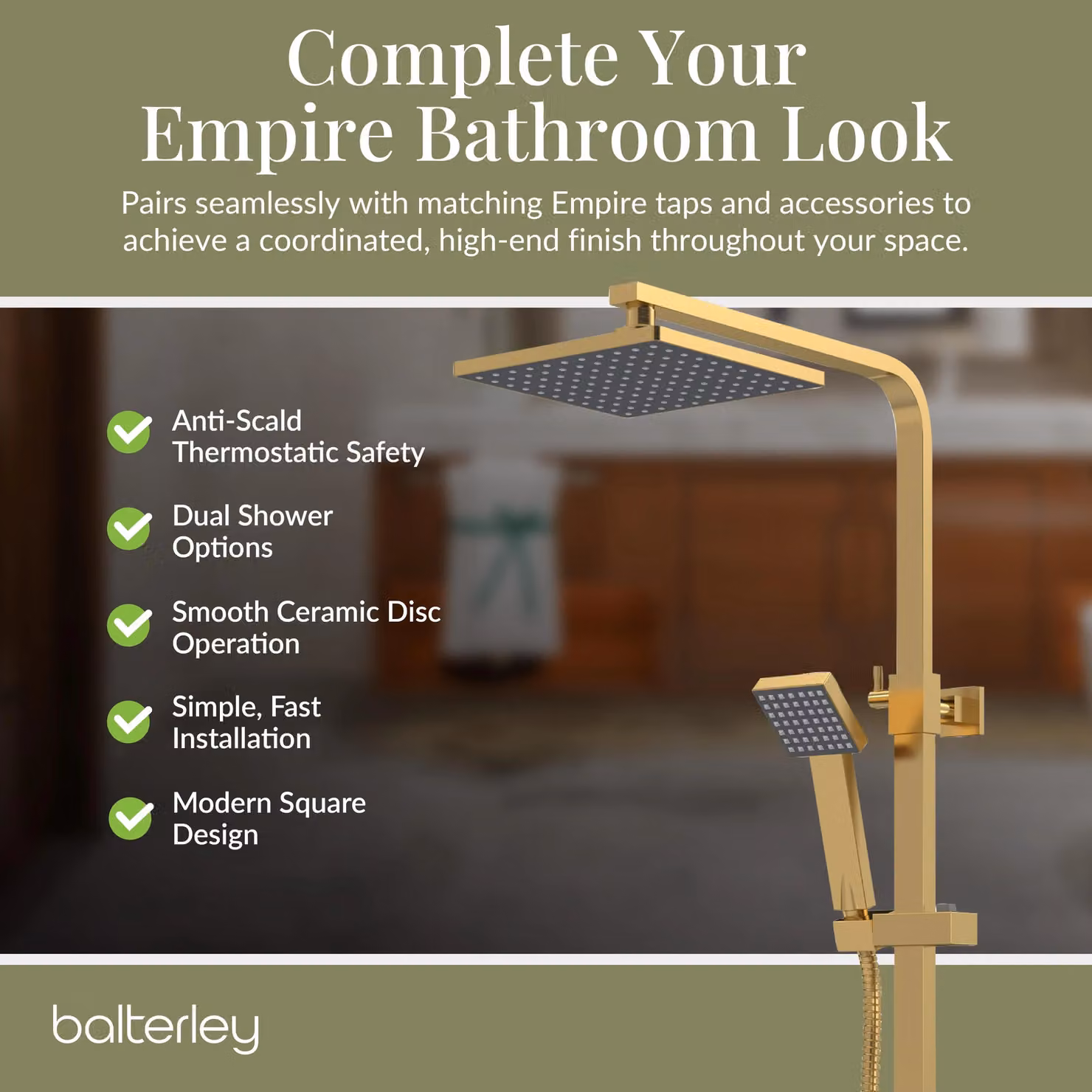 Balterley Empire Square Exposed Shower Kit with Fixed Overhead Shower, Handset and Thermostat in Brushed Brass – 3