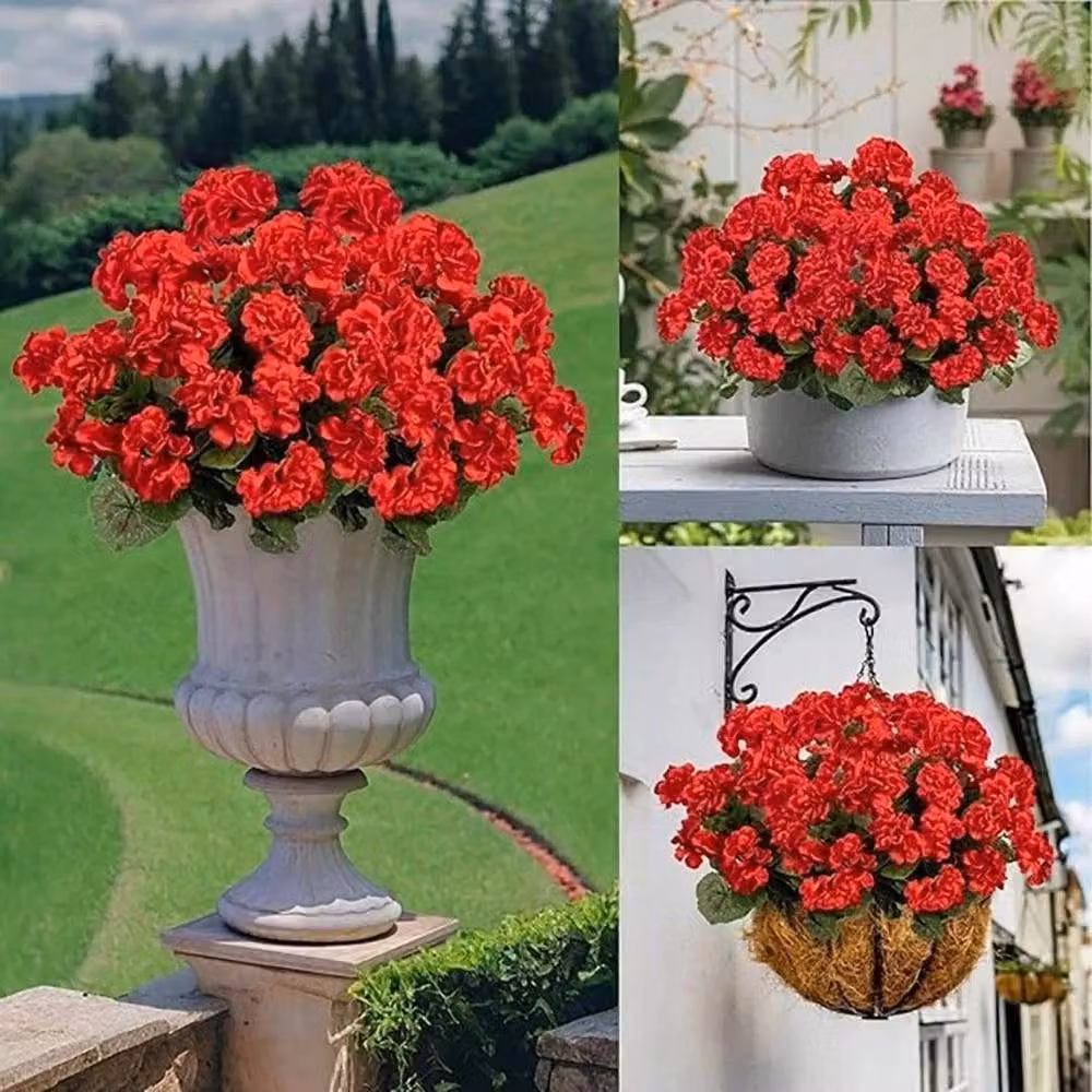 FLAVORA Red Artificial Geraniums Silk Faux Flower Bouquet, Height: 100 cm, Width: 15 cm – 4