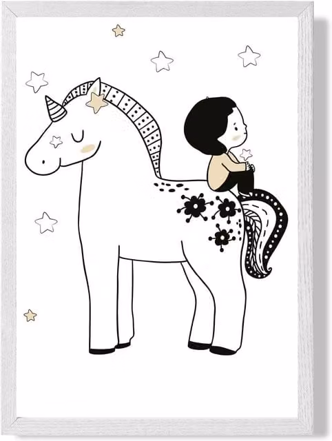 ARTZE Scandi Prince Little Boy Sitting on a Unicorn Framed Print, Black and White Illustration, A4