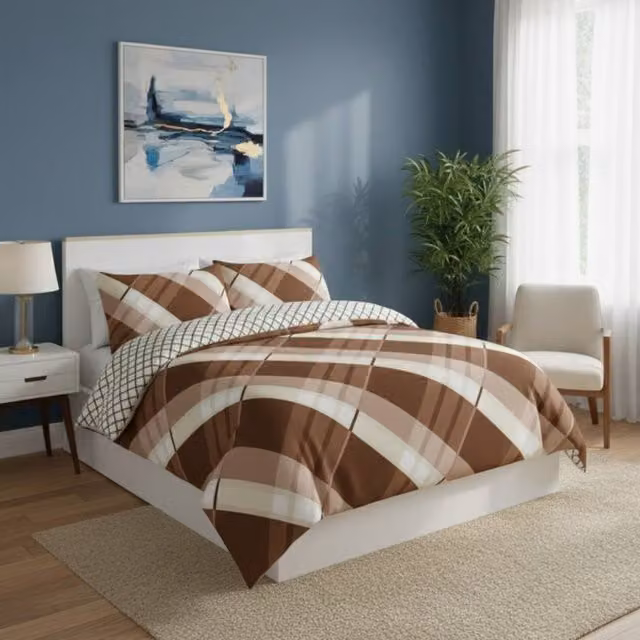 Snug City Reversible Geometric Pattern Duvet Cover and Pillowcase Set in Brown, Single Size (90 x 200 cm)