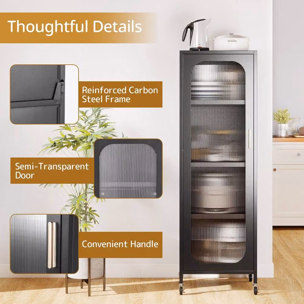 Costway 5-Tier Metal Tall Narrow Kitchen Pantry Cabinet with Glass Doors in Matt Black – 7
