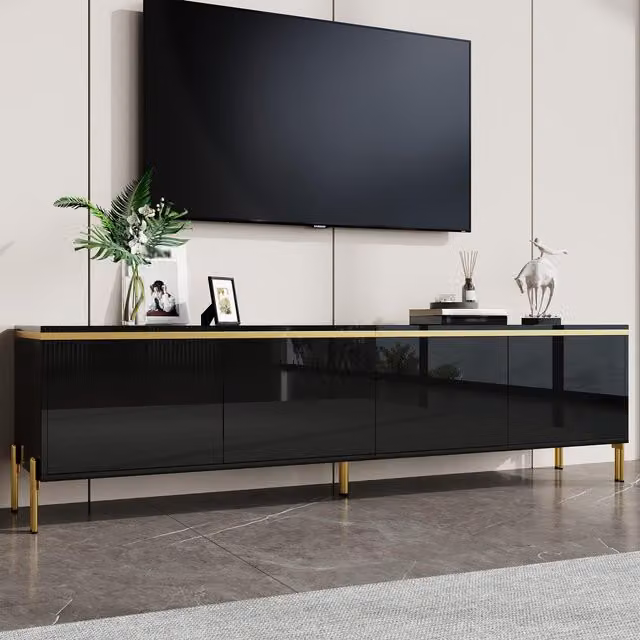 Aosom UK Black and Gold Minimalist TV Stand with 4-Door Storage, W: 170 cm, D: 38 cm, H: 50 cm – 1