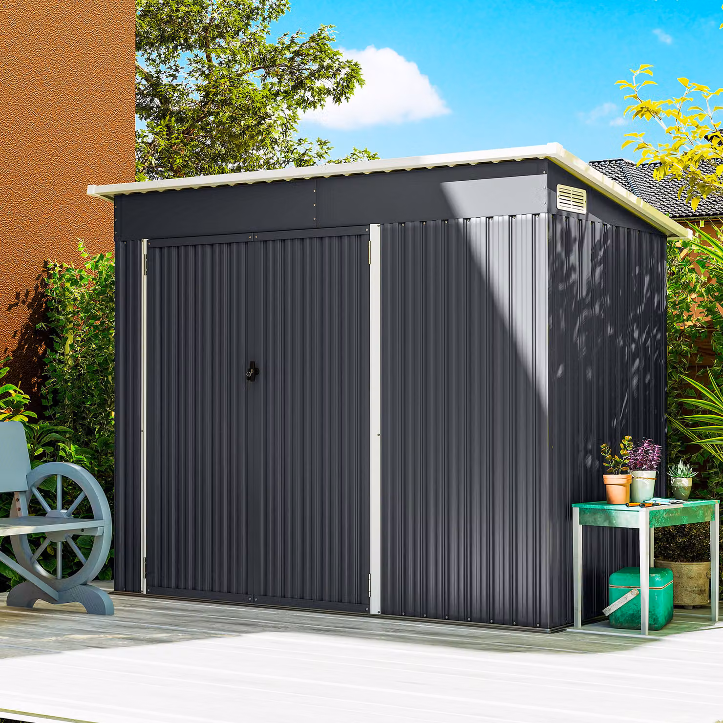 Outsunny Metal Pent Garden Storage Shed in Dark Grey with Lockable Double Doors and Side Vents – 8