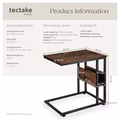 tectake Height Adjustable Bedside Table in Brown and Black with Industrial Design, W/D/H: 55 x 36.5 x 60 cm – 3