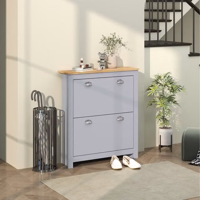HOMCOM Modern Grey and White Freestanding Shoe Cabinet with Tilting Compartments and Internal Drawers