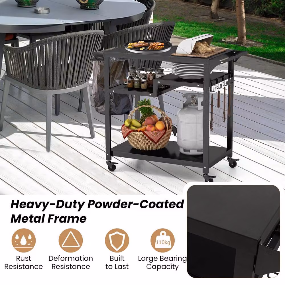 Costway Black Metal Outdoor BBQ Cart and Pizza Oven Table with 3 Shelves, W/D/H: 111.0 x 50.0 x 75.0 cm – 6