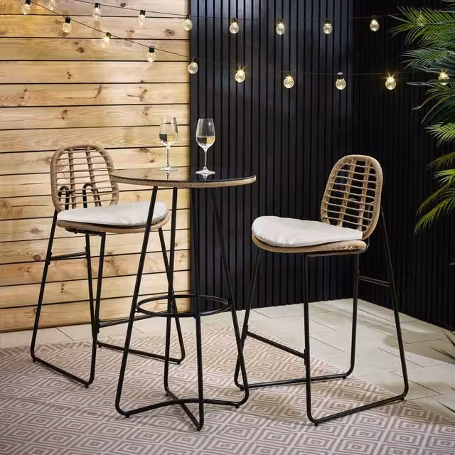 FurnitureboxUK Belize Rattan Outdoor Bar Set with Cream Cushions and Glass Top in Beige – 1