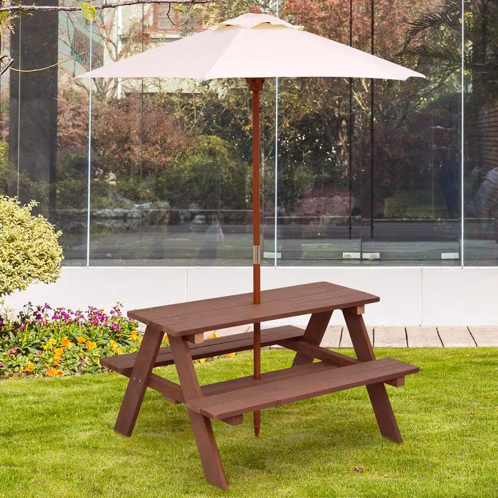 Gymax Brown Treated Hardwood Outdoor Picnic Table with Removable Umbrella for Garden and Children – 2