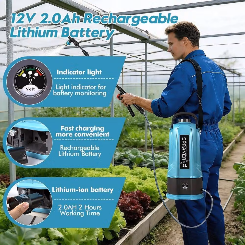 KORVIXA 8L Electric Garden Sprayer with Rechargeable Battery and 5 Mist Nozzles, Blue and Multicolour – 5
