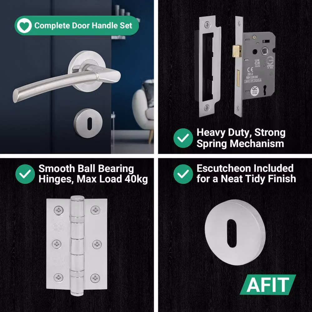 AFIT Chrome Bathroom Door Handle and Hinges Set in Silver with Satin Nickel Lever Lock – 3