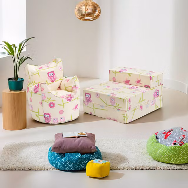 Ready Steady Bed Owls Printed Kids Bean Bag Armchair and Folding Z Bed Mattress in Multicolour