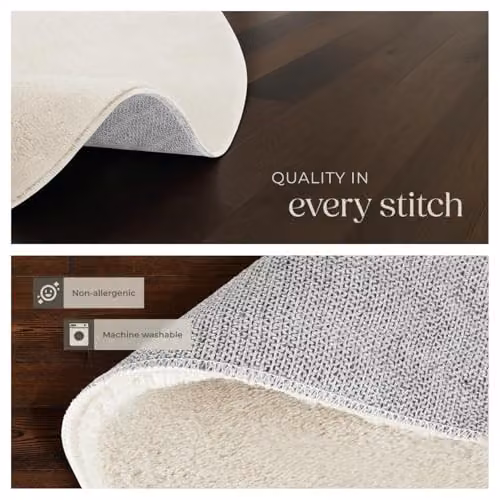 tectake Zonelle Round Fluffy Rug in Beige Polyester, Washable and Non-Slip, Diameter: 120 cm – 5