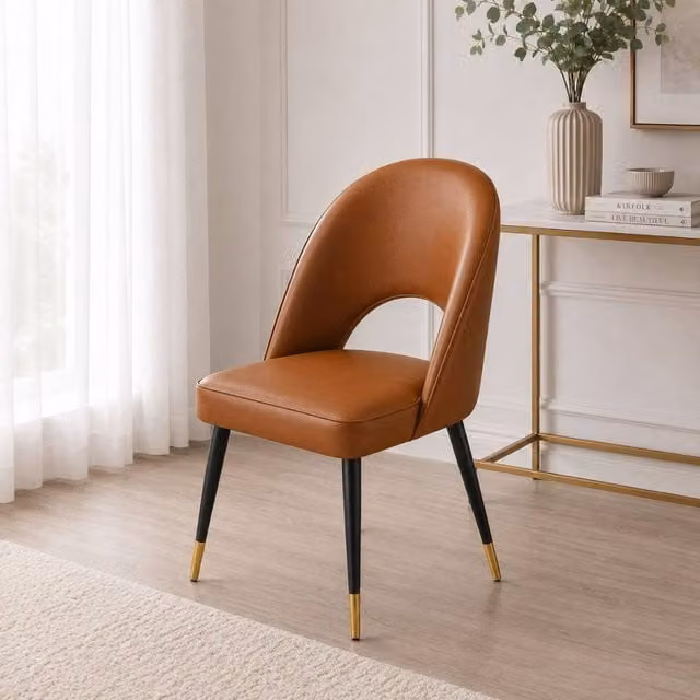Stratus Interiors Astra Dining Chair in Tan Fabric and Synthetic Leather with Gold-Tipped Wooden Legs