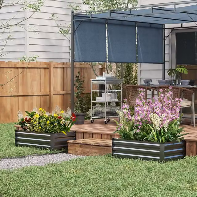 Outsunny Set of 2 Galvanised Steel Raised Garden Beds for Flowers and Herbs in Anthracite Grey