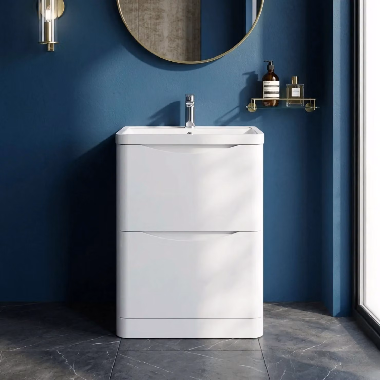 Balterley 2 Drawer Bathroom Floor Vanity with Polymarble Basin, Satin White, Width: 60 cm – 4