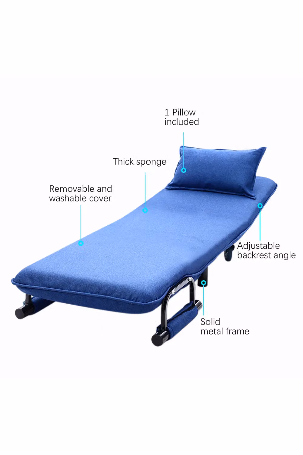 H&O Direct Modern Blue Fabric Click-Clack Foldable Sofa Bed with Metal Frame – 3