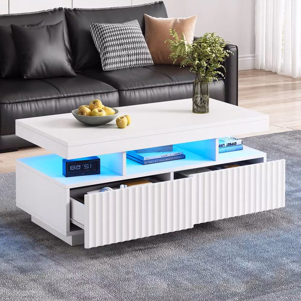 BTM White Glossy LED Coffee Table with 2 Drawers W: 100 cm, D: 50 cm, H: 45 cm – 3