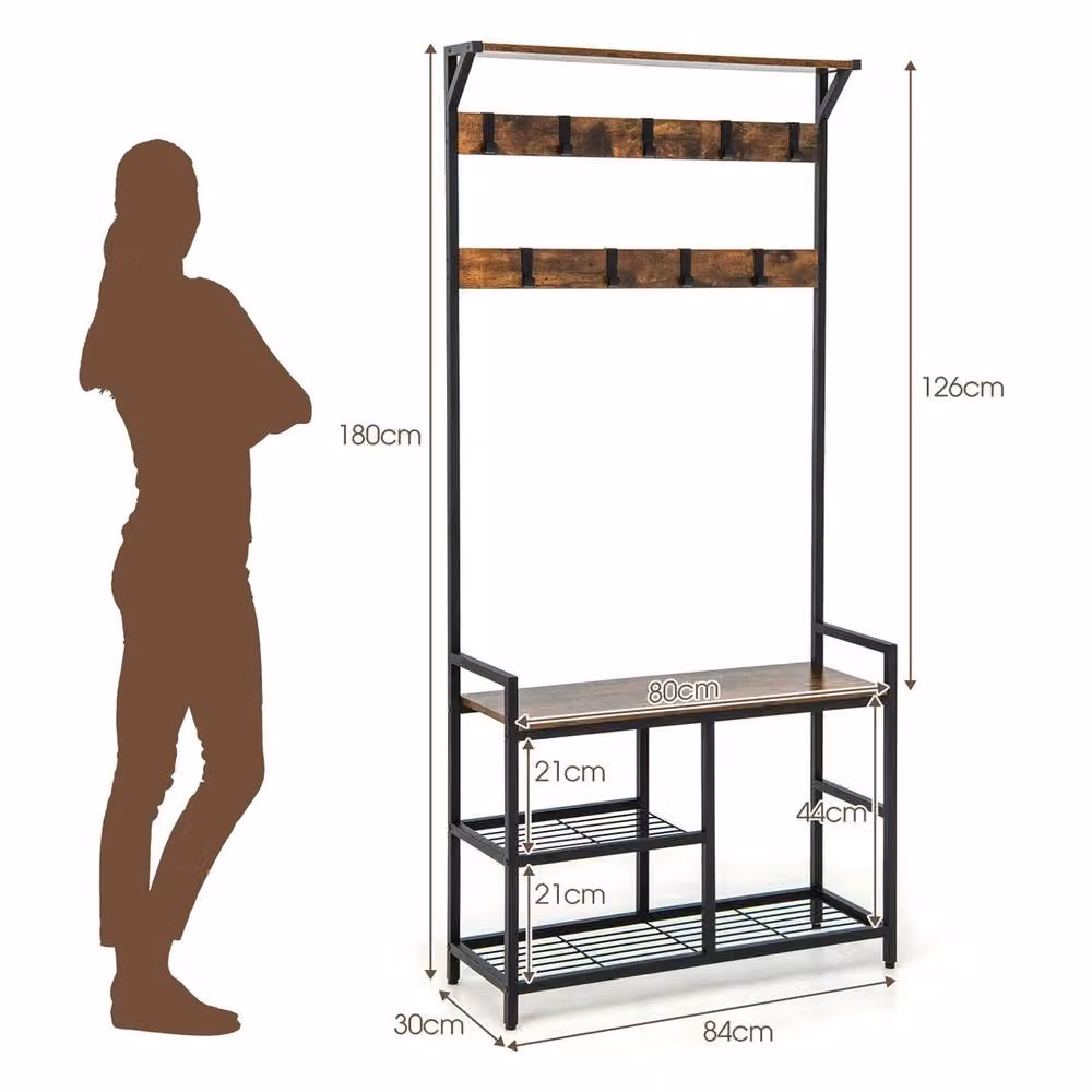 FORGEVIO 3-in-1 Industrial Hall Tree with Bench and 9 Removable Hooks, Brown – 2