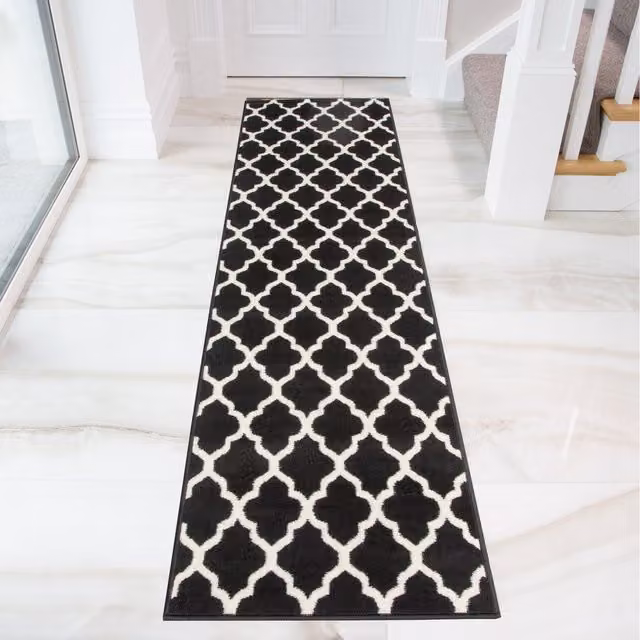 The Rug House Monochrome Classic Trellis Living Room Rug in Black, W: 240 cm, D: 60 cm
