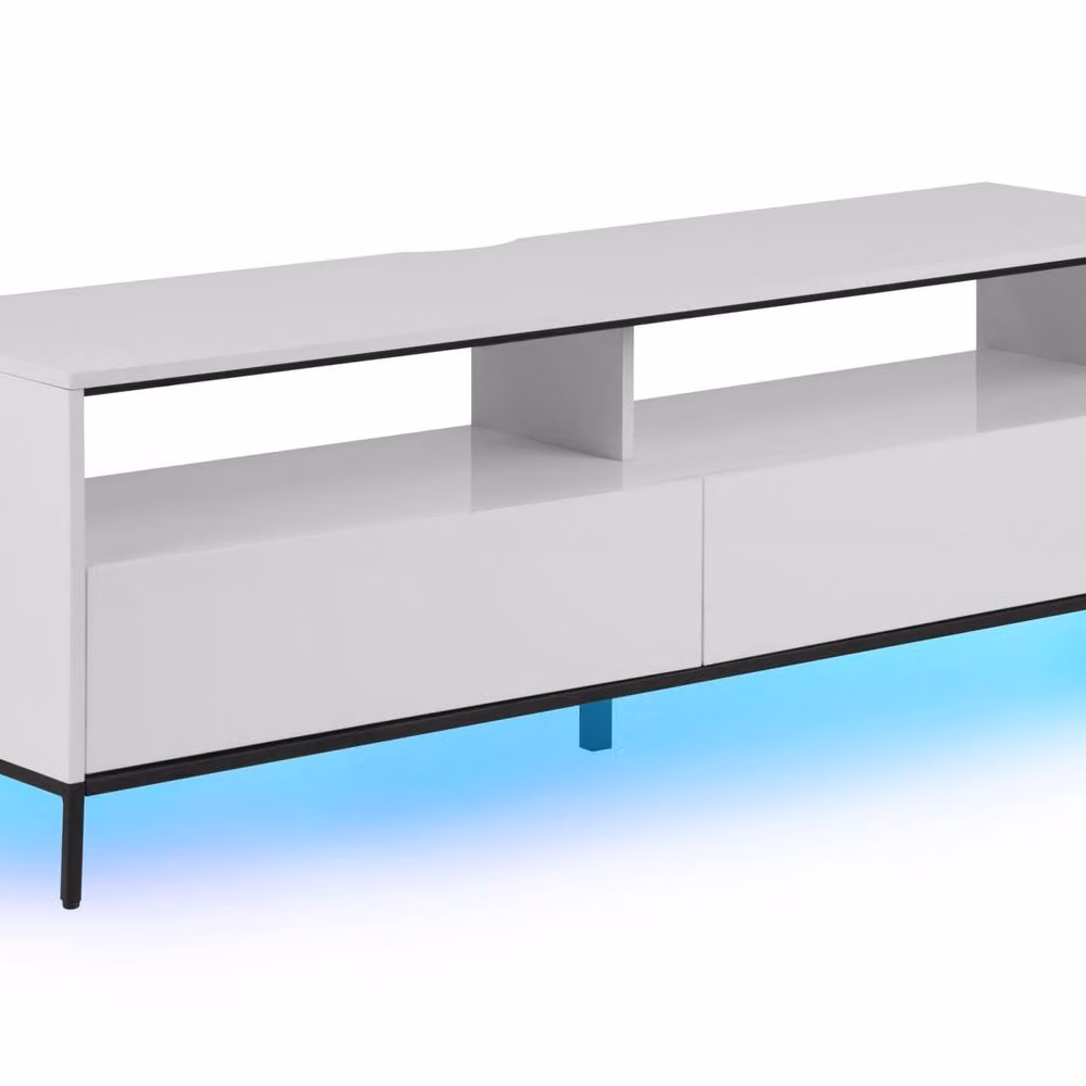 Wyld and Coco White Glossy Scandinavian TV Stand with LED, Two Drawers and Cabinets for up to 70-inch TVs – 2