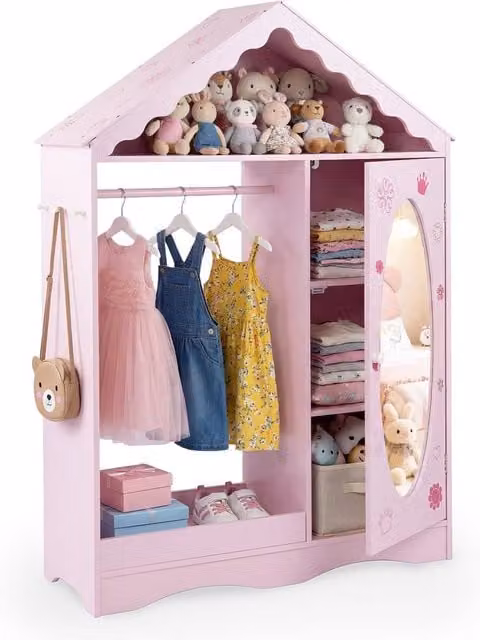 Gymax Pink Childrens Roofed Dress Up Closet with Mirror and Hanging Rack – 1