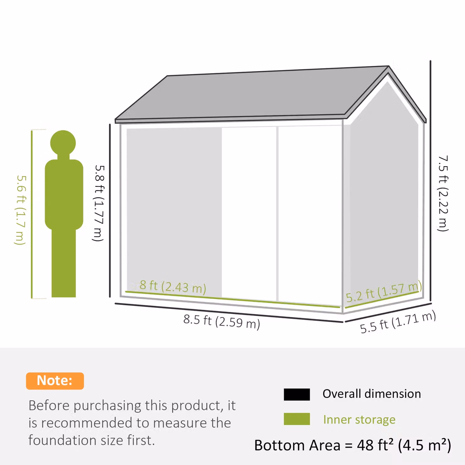 OUTSUNNY Metal Garden Storage Shed with Double Doors, Window and Sloped Roof, Grey, W: 243.84 cm, D: 182.88 cm, H: 171.0 cm – 3