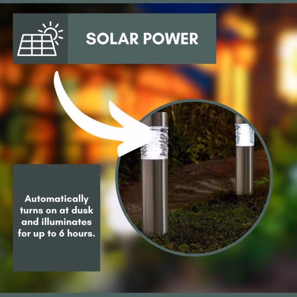 Marco Paul 4-Piece Solar Bollard Stake Garden Lights in Metallic Silver – 5