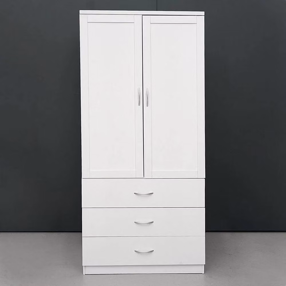 FLAVORA Modern White Wooden 2 Door Wardrobe with Integrated Drawers and Hanging Rod – 5