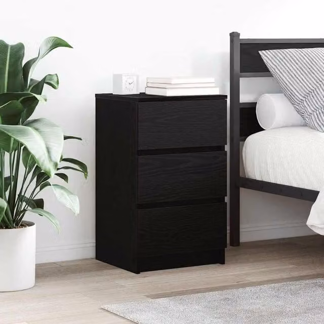 Berkfield Home Black Bedside Cabinet with 3 Drawers, W/D/H: 39 x 35 x 65 cm