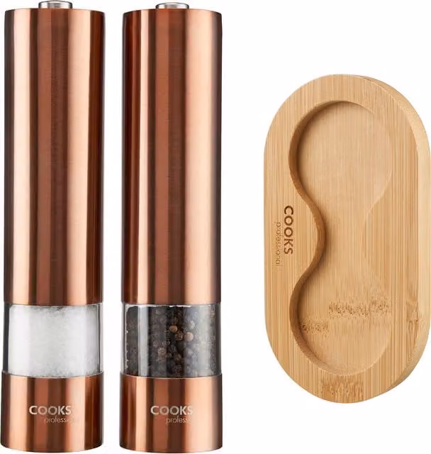 Cooks Professional Electric Automatic Salt and Pepper Mill Set with Bamboo Base in Copper