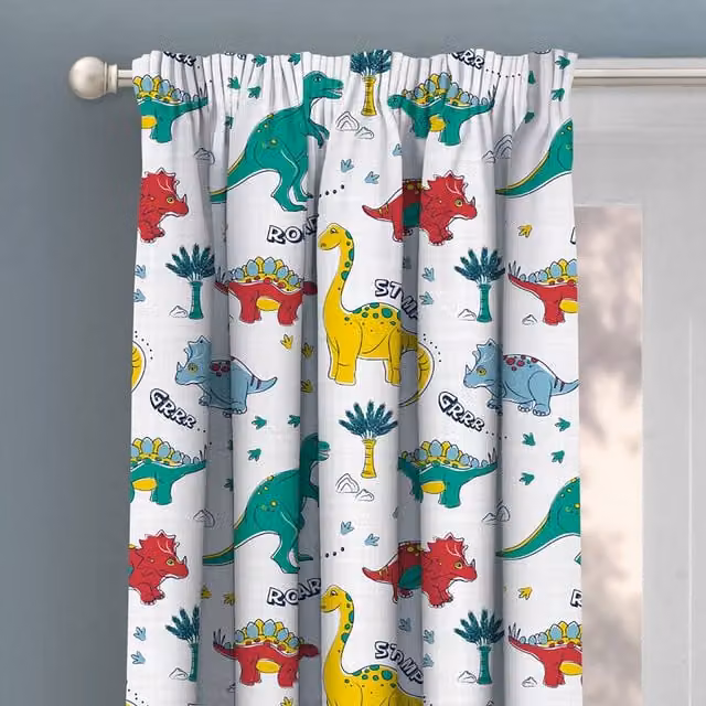 Velosso Dinosaur Pencil Pleat Blackout Curtains, Multicolour, Width: 168 cm, Drop: 183 cm