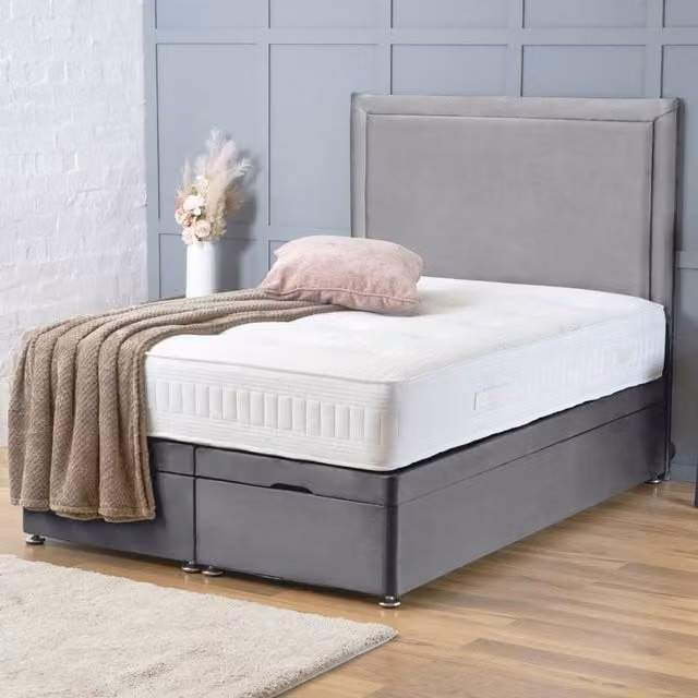 BSSPOKE Ella Ottoman Divan Bed with 54 inch Headboard in Grey Plush Velvet, W/D/H: 140 x 200 cm