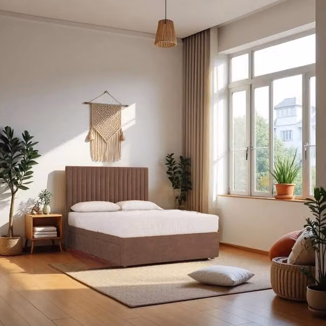 Knight Sleep Emily No Draw Divan Bed Base with Headboard in Brown Plush Velvet, W/D/H: 90 x 190 cm, Single